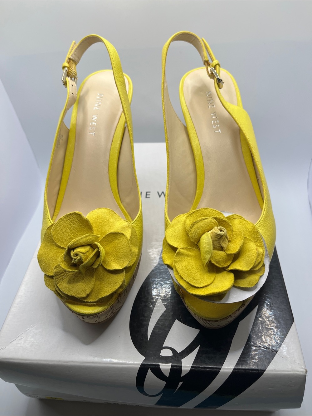 Nine West Bright Yellow Floral Slingback Wedge Heels